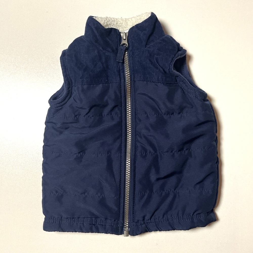 Carter's Full Zip Puffer Vest Size 12M Navy Warm Cozy Fleece Lined & Sherpa Neck